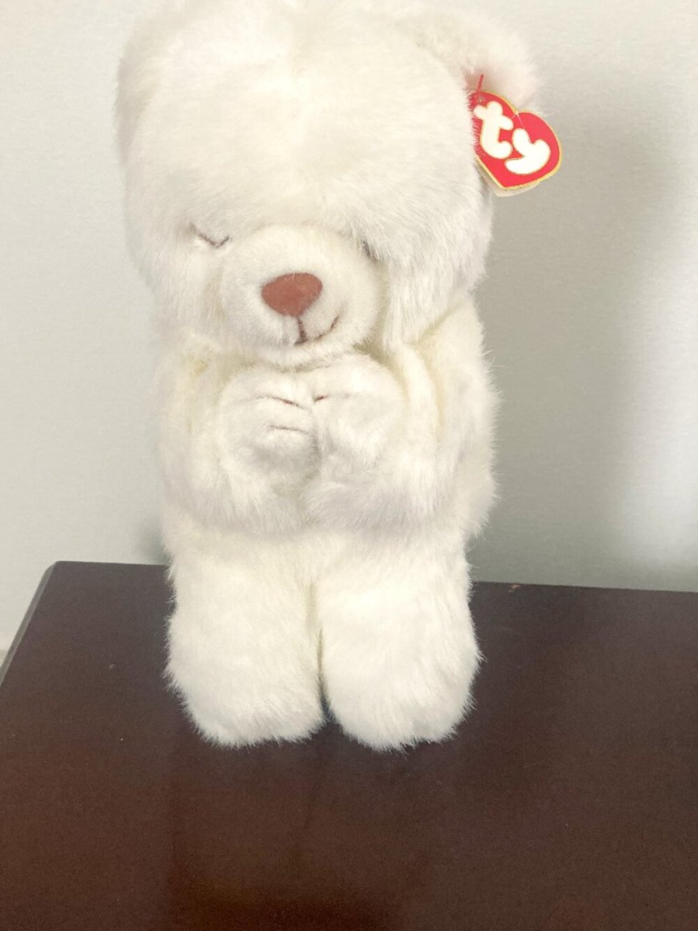 Vintage Ty Beanie Baby Faith White Praying Plush Bear with Original Heart Tag